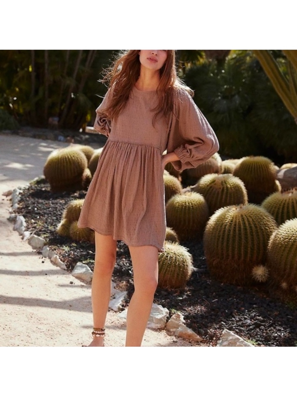 Free People Taupe Smocked Mini Dress with Balloon Sleeves